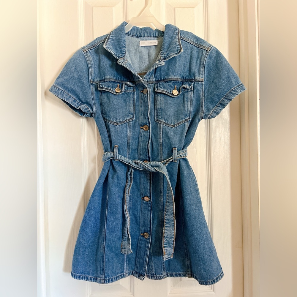 Zara dress girls 11 - 12 yrs denim blue belt button down pocket short sleeve